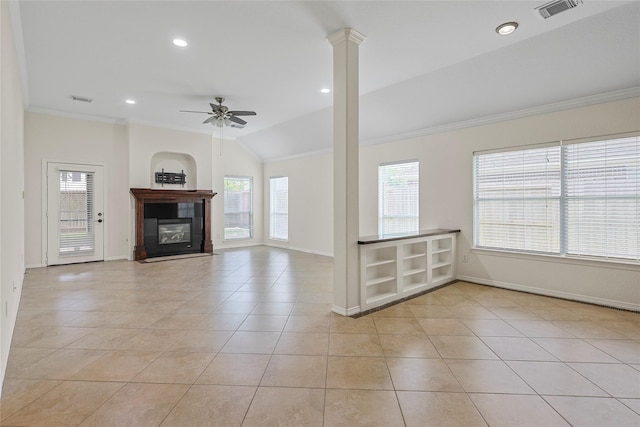 4907 Sundance Hollow Ln, Katy, TX 77494 - unfurnished living room featuring crown molding, a glass covered fireplace, light tile patterned flooring, vaulted ceiling, and ceiling fan