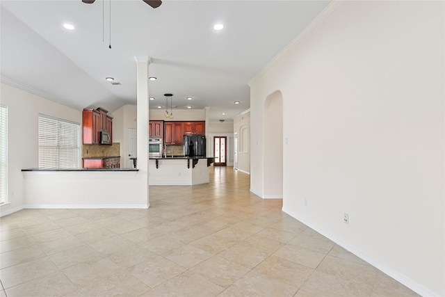 4907 Sundance Hollow Ln, Katy, TX 77494 - unfurnished living room with ornamental molding, light tile patterned floors, healthy amount of natural light, ceiling fan, and recessed lighting