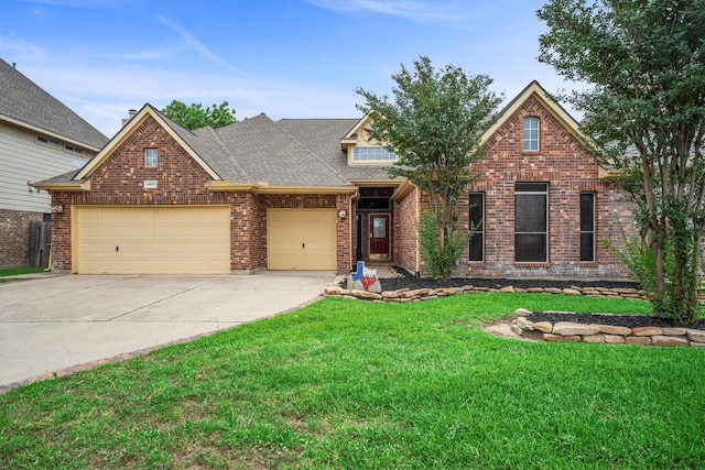 19918 Cypresswood Lake Dr, Spring, TX 77373 - view of front of home with a garage, driveway, a front lawn, brick siding, and roof with shingles