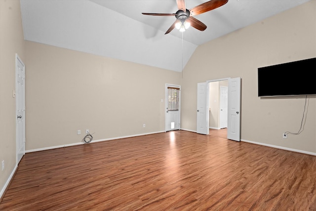 19918 Cypresswood Lake Dr, Spring, TX 77373 - unfurnished bedroom with light wood-style flooring, high vaulted ceiling, baseboards, and ceiling fan