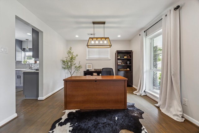 5211 Briarbend Dr, Houston, TX 77035 - office space with dark wood-type flooring, baseboards, and recessed lighting
