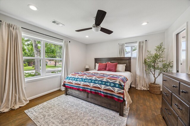 5211 Briarbend Dr, Houston, TX 77035 - bedroom featuring dark wood-style flooring, baseboards, ceiling fan, and recessed lighting