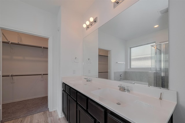 23922 Olivenza Trl, New Caney, TX 77357 - bathroom with wood finished floors, double vanity, a walk in closet, and a garden tub