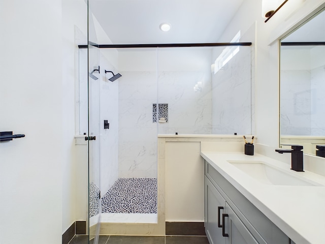3004 Jensen Springs Ln, Houston, TX 77026 - full bathroom with a marble finish shower, vanity, and recessed lighting