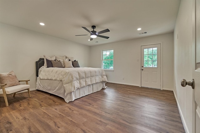 6326 Bayonne Dr, Spring, TX 77389 - bedroom featuring dark wood-type flooring, baseboards, recessed lighting, and a ceiling fan