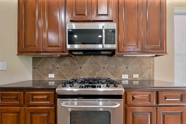 4131 Regal Stone Ln, Sugar Land, TX 77479 - kitchen with stainless steel appliances, decorative backsplash, and brown cabinetry