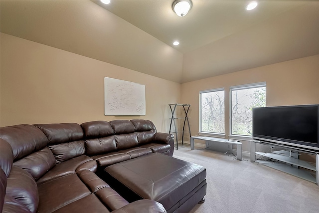 4131 Regal Stone Ln, Sugar Land, TX 77479 - living area with light colored carpet, recessed lighting, vaulted ceiling, and baseboards