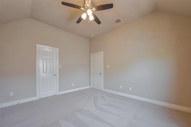 4131 Regal Stone Ln, Sugar Land, TX 77479 - empty room with lofted ceiling, a ceiling fan, light colored carpet, and baseboards