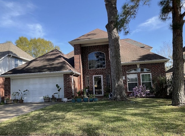 3231 Brinton Trails Ln, Katy, TX 77494 - traditional home with brick siding, a front lawn, concrete driveway, a garage, and roof with shingles