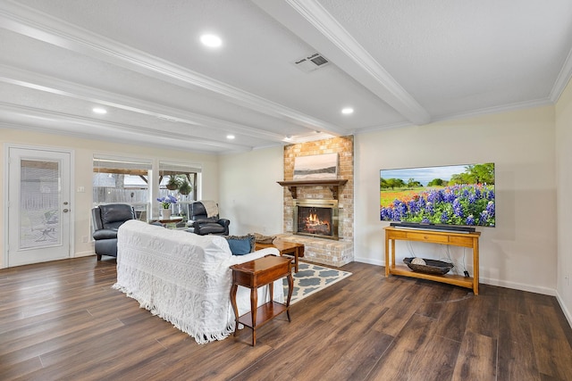 7514 Renmark Ln, Houston, TX 77070 - living area featuring beamed ceiling, wood finished floors, a brick fireplace, ornamental molding, and recessed lighting