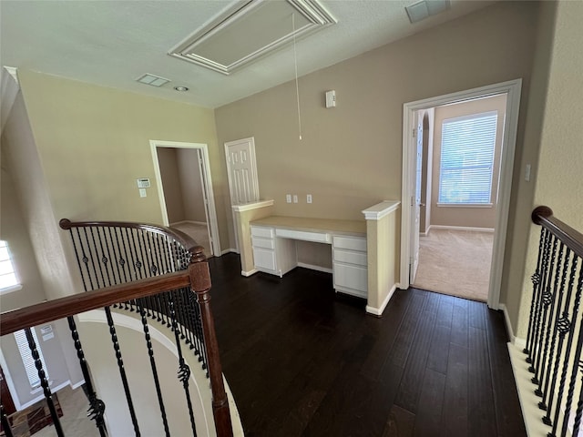 11703 Sterling Brook St, Pearland, TX 77584 - hall featuring attic access, an upstairs landing, dark wood finished floors, and healthy amount of natural light