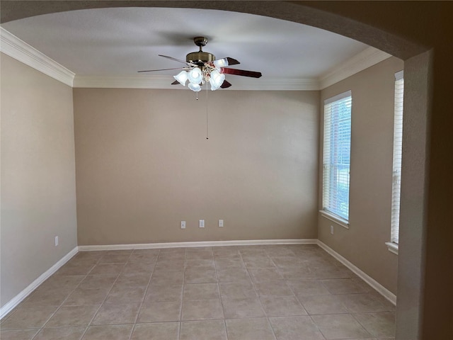 11703 Sterling Brook St, Pearland, TX 77584 - unfurnished room featuring crown molding, a ceiling fan, arched walkways, light tile patterned floors, and baseboards