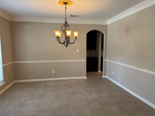 11703 Sterling Brook St, Pearland, TX 77584 - unfurnished room with arched walkways, crown molding, tile patterned flooring, a chandelier, and baseboards