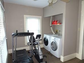 1401 Truxillo St, Houston, TX 77004 - laundry room featuring washer and dryer, healthy amount of natural light, baseboards, and ceiling fan