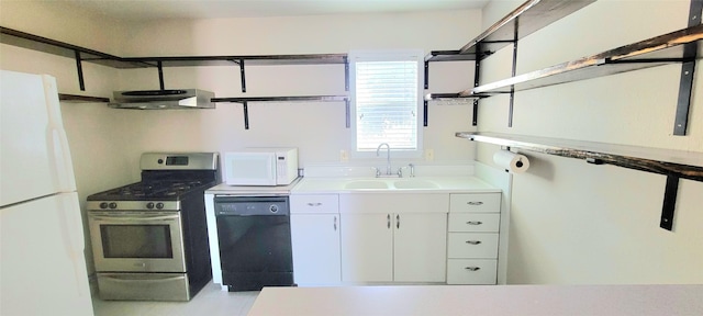 1401 Truxillo St, Houston, TX 77004 - kitchen featuring white appliances, ventilation hood, open shelves, a sink, and white cabinets
