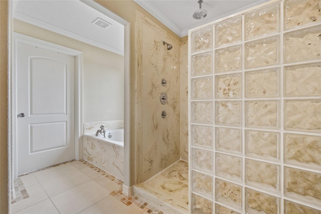 303 Winkler St, Baytown, TX 77520 - full bath with crown molding, a tile shower, a bath, and tile patterned floors
