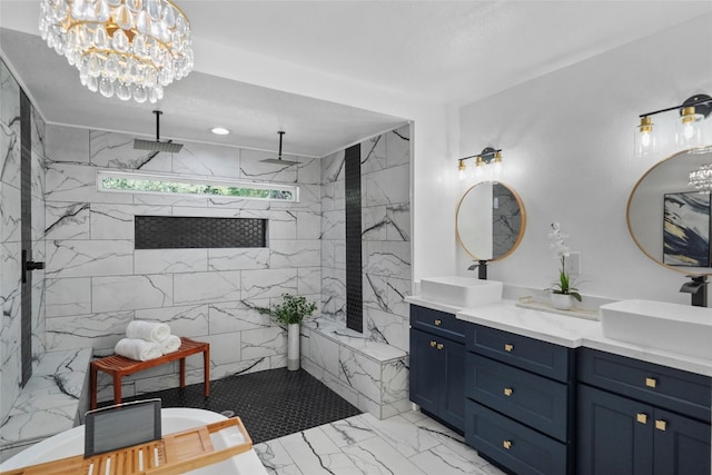 701 W 39th St, Houston, TX 77018 - bathroom featuring double vanity, marble look tile flooring, a freestanding bath, a marble finish shower, and a chandelier