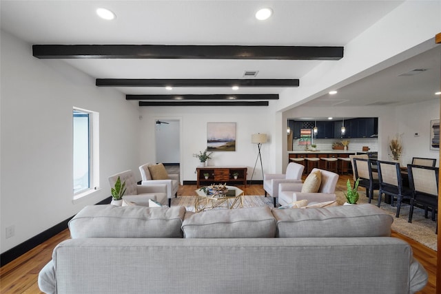 701 W 39th St, Houston, TX 77018 - living room with recessed lighting, baseboards, wood finished floors, and beam ceiling