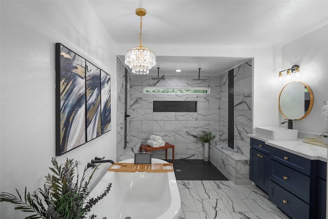 701 W 39th St, Houston, TX 77018 - full bath with marble look tiles, a freestanding tub, a marble finish shower, vanity, and a chandelier