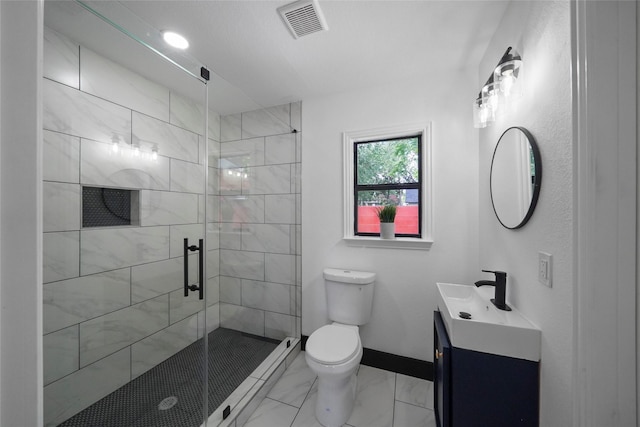701 W 39th St, Houston, TX 77018 - full bathroom with marble finish floors, vanity, toilet, a stall shower, and baseboards