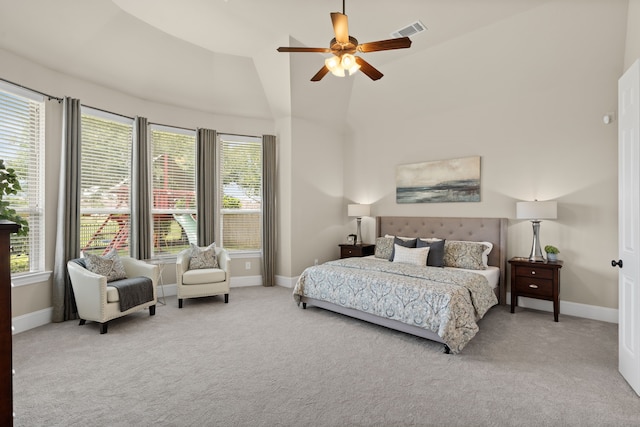 4215 Orchard Arbor Ln, Sugar Land, TX 77479 - bedroom featuring carpet flooring, baseboards, high vaulted ceiling, and a ceiling fan