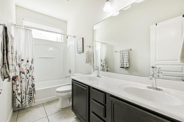16802 Cherokee Lake Ln, Houston, TX 77044 - full bath with shower / bathtub combination with curtain, double vanity, toilet, and tile patterned floors