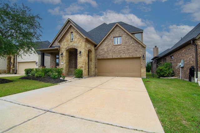 4926 Thunder Creek Ln, Sugar Land, TX 77479 - french country inspired facade featuring a front yard, brick siding, driveway, and stone siding