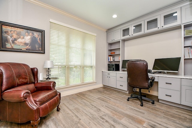 29016 Concan Crossing Ct, Katy, TX 77494 - office featuring crown molding, light wood-type flooring, baseboards, and recessed lighting