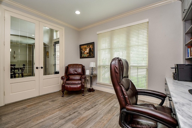 29016 Concan Crossing Ct, Katy, TX 77494 - home office with french doors, wood finished floors, ornamental molding, recessed lighting, and baseboards