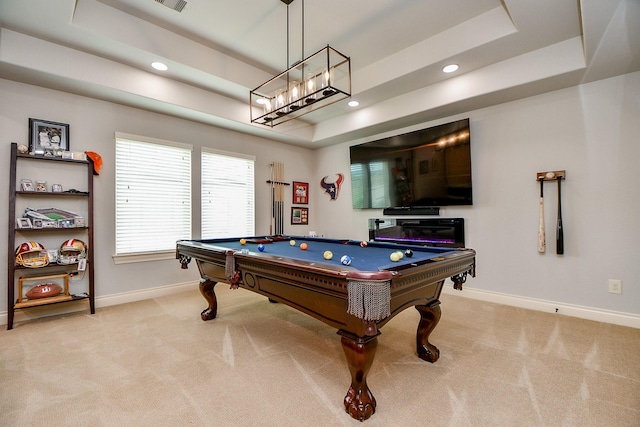 29016 Concan Crossing Ct, Katy, TX 77494 - game room with baseboards, pool table, carpet floors, a raised ceiling, and recessed lighting