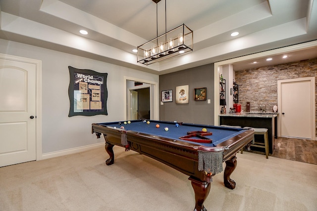 29016 Concan Crossing Ct, Katy, TX 77494 - rec room featuring carpet flooring, recessed lighting, a raised ceiling, baseboards, and billiards table