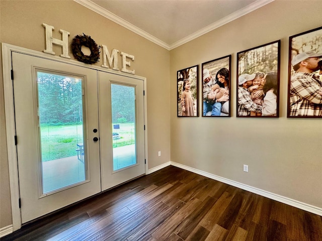 4815 Fm 2827th Rd, Warren, TX 77664 - doorway to outside featuring french doors, dark wood-type flooring, ornamental molding, and baseboards