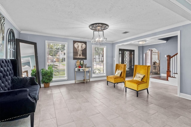 1406 Grand Valley Dr, Houston, TX 77090 - living area featuring a chandelier, baseboards, crown molding, light tile patterned floors, and a textured ceiling