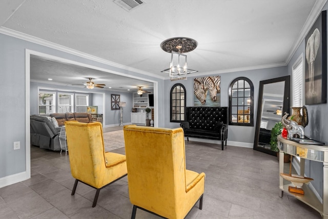 1406 Grand Valley Dr, Houston, TX 77090 - dining room with baseboards, crown molding, a chandelier, and a ceiling fan