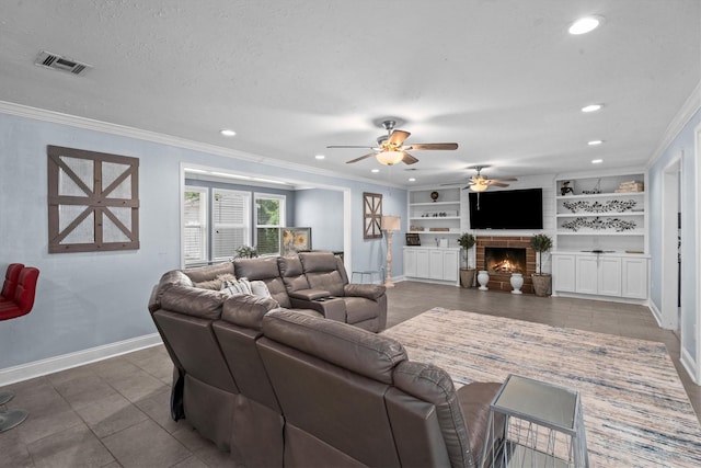 1406 Grand Valley Dr, Houston, TX 77090 - living area with baseboards, a ceiling fan, crown molding, tile patterned floors, and recessed lighting