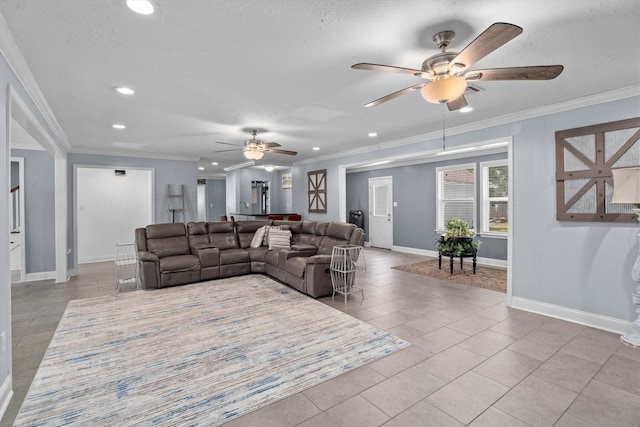 1406 Grand Valley Dr, Houston, TX 77090 - tiled living area with recessed lighting, a ceiling fan, baseboards, ornamental molding, and a textured ceiling