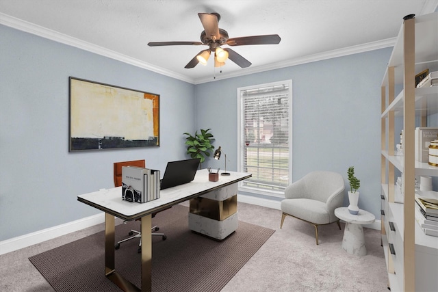 1406 Grand Valley Dr, Houston, TX 77090 - carpeted home office featuring ornamental molding, a ceiling fan, and baseboards