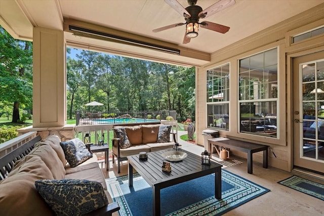 7419 Lorna Rd, Montgomery, TX 77316 - view of patio featuring outdoor lounge area, a ceiling fan, and view of wooded area