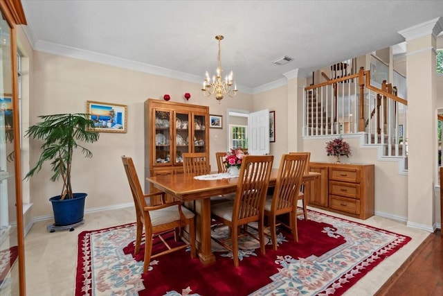 7419 Lorna Rd, Montgomery, TX 77316 - dining space with a chandelier, stairway, ornamental molding, and baseboards