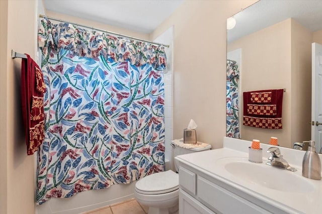 7419 Lorna Rd, Montgomery, TX 77316 - full bathroom with vanity, toilet, tile patterned flooring, and shower / tub combo with curtain