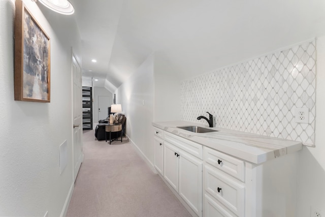 3714 Falun Ct, Spring, TX 77386 - corridor with a sink, light colored carpet, baseboards, lofted ceiling, and recessed lighting