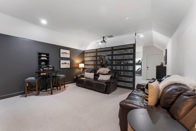 3714 Falun Ct, Spring, TX 77386 - carpeted living area with lofted ceiling, built in features, and recessed lighting