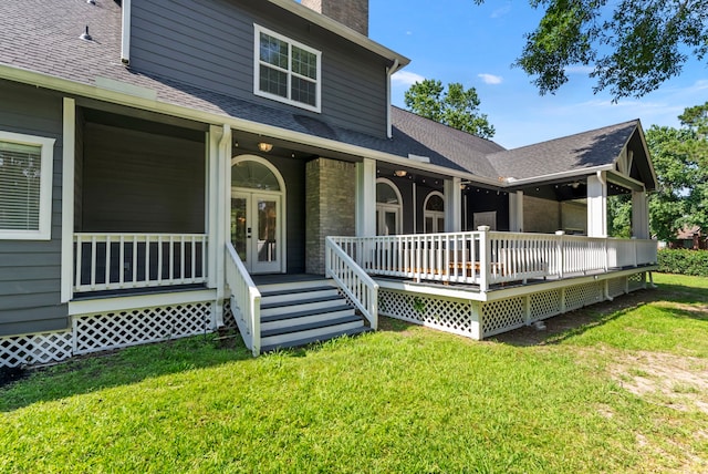 3714 Falun Ct, Spring, TX 77386 - back of property featuring a chimney, roof with shingles, a yard, and covered porch