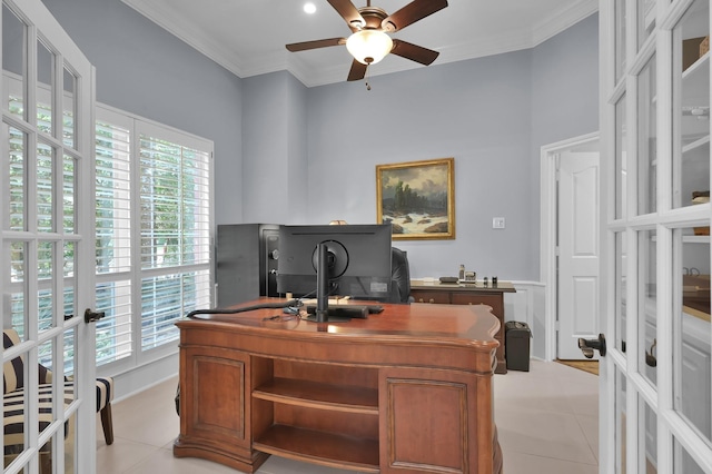 7 Newland Ct, The Woodlands, TX 77382 - office space with ceiling fan, ornamental molding, light tile patterned floors, and a wainscoted wall