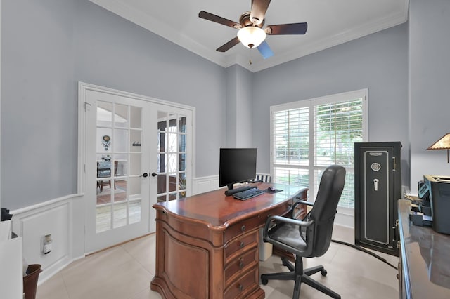 7 Newland Ct, The Woodlands, TX 77382 - office with french doors, ornamental molding, wainscoting, a ceiling fan, and a decorative wall