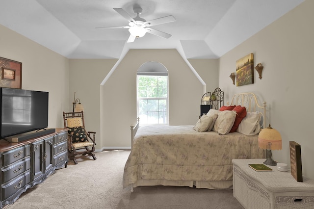 7 Newland Ct, The Woodlands, TX 77382 - bedroom with carpet flooring, ceiling fan, vaulted ceiling, and baseboards