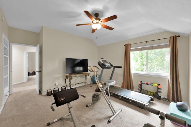 7 Newland Ct, The Woodlands, TX 77382 - exercise area featuring lofted ceiling, ceiling fan, carpet, and baseboards