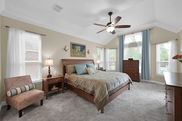 7 Newland Ct, The Woodlands, TX 77382 - bedroom featuring lofted ceiling, light carpet, ceiling fan, ornamental molding, and baseboards