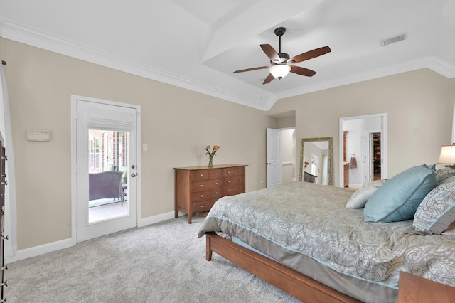 7 Newland Ct, The Woodlands, TX 77382 - bedroom featuring ornamental molding, access to outside, carpet, baseboards, and a ceiling fan