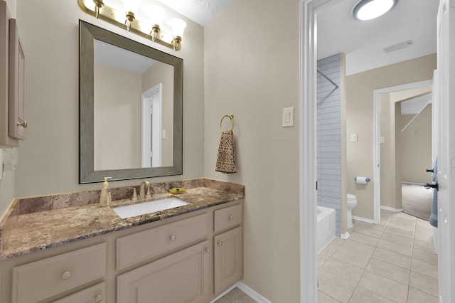 7 Newland Ct, The Woodlands, TX 77382 - full bath featuring vanity, toilet, shower / bath combo with shower curtain, tile patterned floors, and baseboards